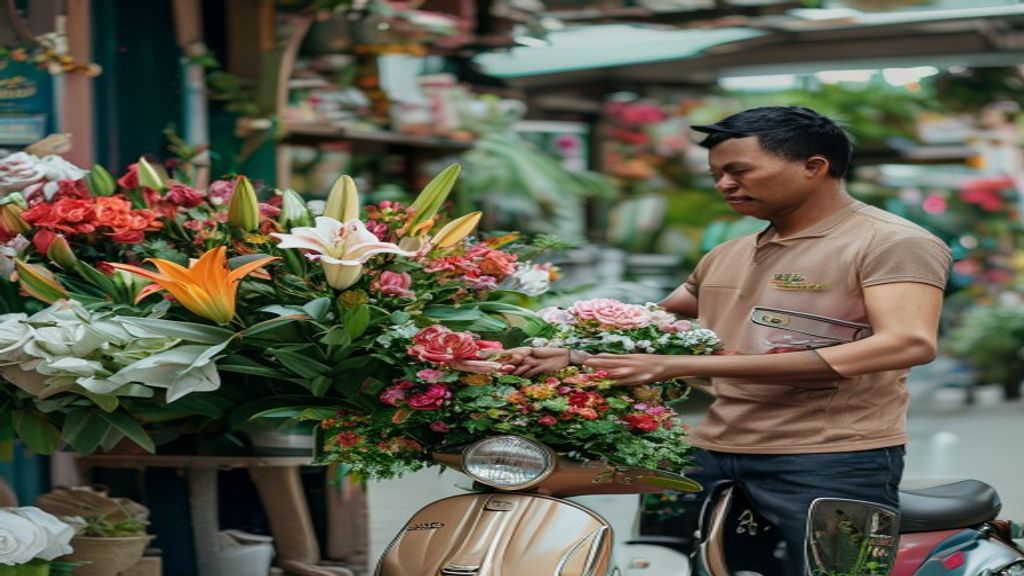 Buket bunga segar dengan warna cerah, siap kirim ke lokasi terdekat Anda.